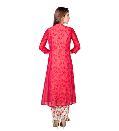 Off-White and Red Long Indo Western Kurta with Chanderi Jacket