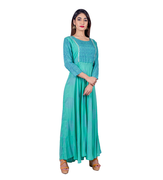 Teal Hand Block Printed Indo Western Dress with Chevron Front Panel and Sleeves