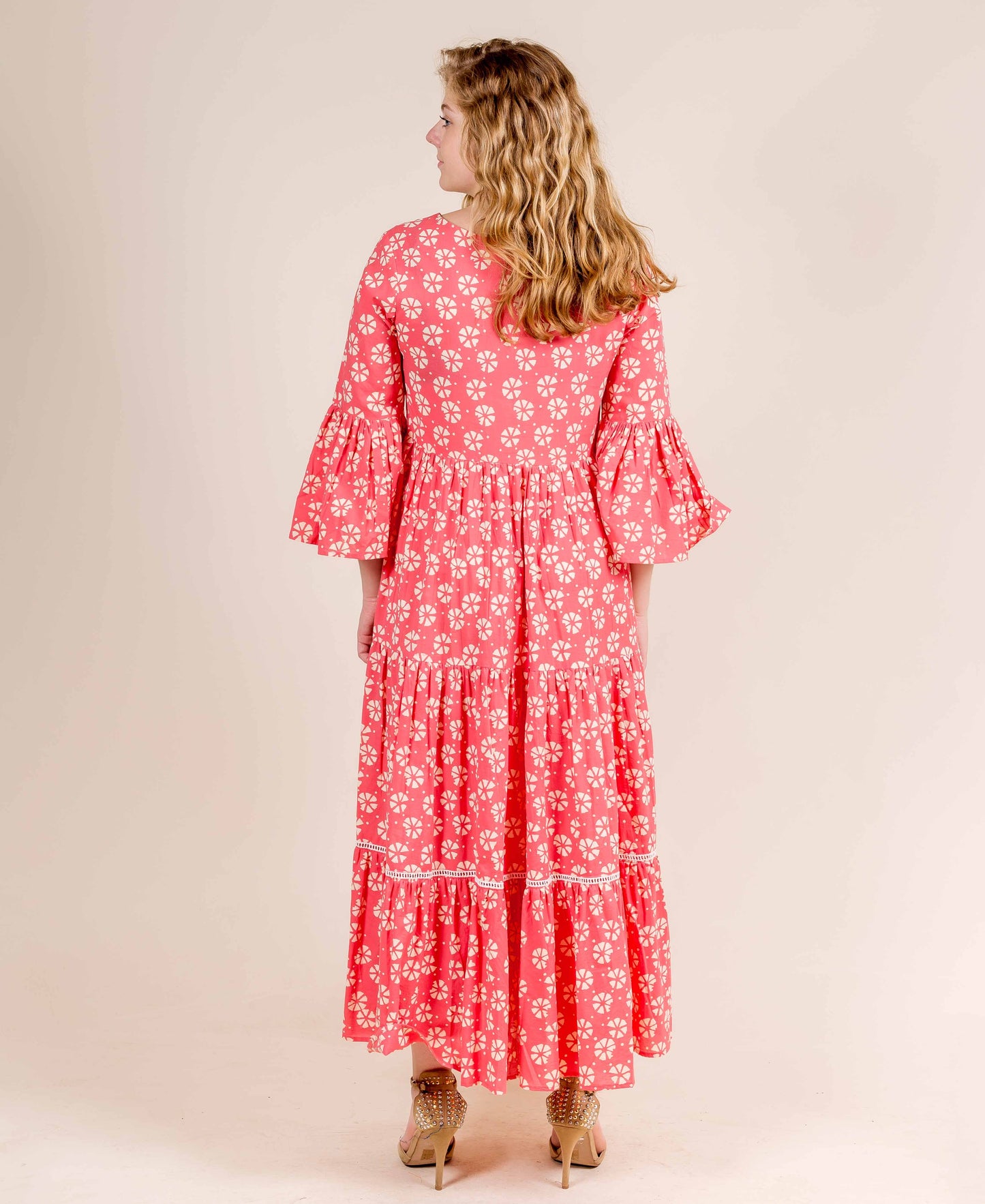 Bell Sleeves Hand Block Printed Coral Flared Indo Western Gowns