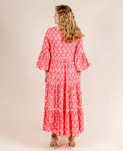 Bell Sleeves Hand Block Printed Coral Flared Indo Western Gowns