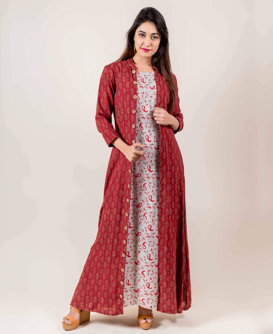 Rust And Light Grey Jacket Style Indo Western Dress