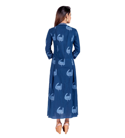 Indigo Embroidered Zipper Dress with Pocket