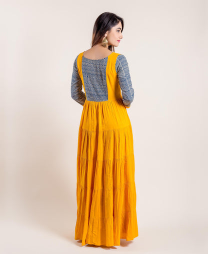 Layered Mustard Yellow / Chevron Indo Western Dress
