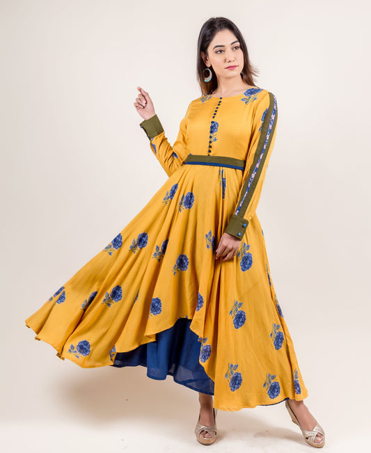 Opulent Yellow Asymmetrical Block Printed Long Gown Dress
