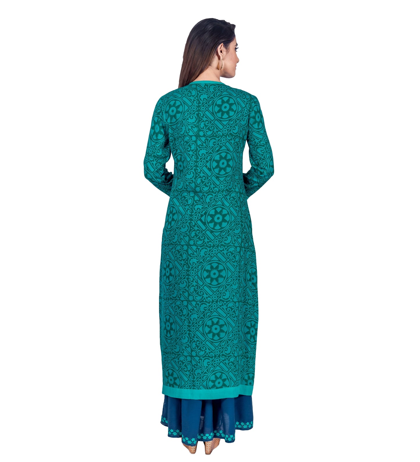 Teal Blue Hand Block Printed Jacket Dress with Embroidery