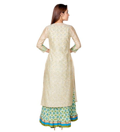 Beige Green Embroidered Chanderi Kurta Dress