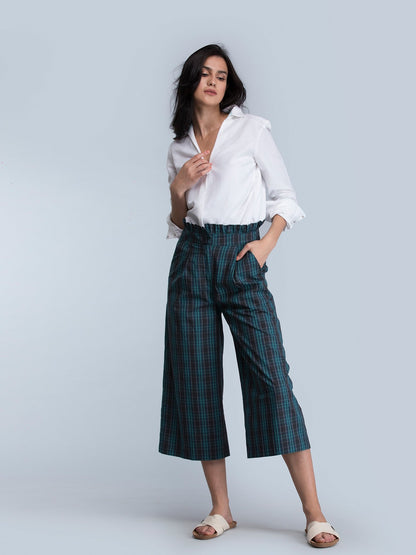 Check Paperbag Waist Pants - Blue and Green