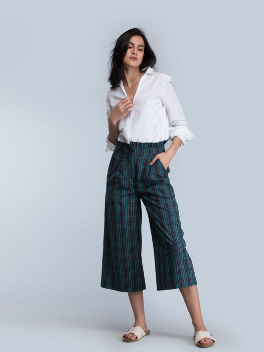 Check Paperbag Waist Pants - Blue and Green
