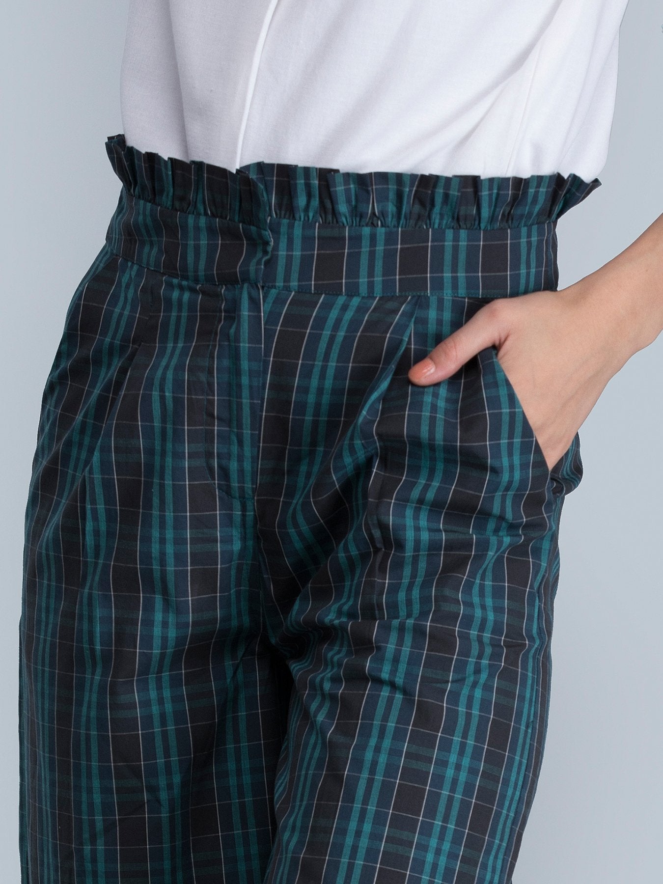 Check Paperbag Waist Pants - Blue and Green