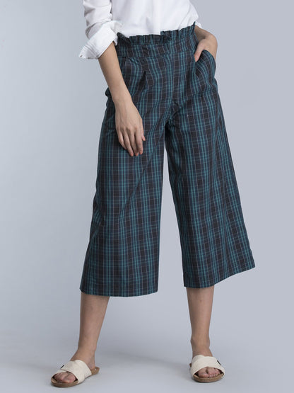 Check Paperbag Waist Pants - Blue and Green