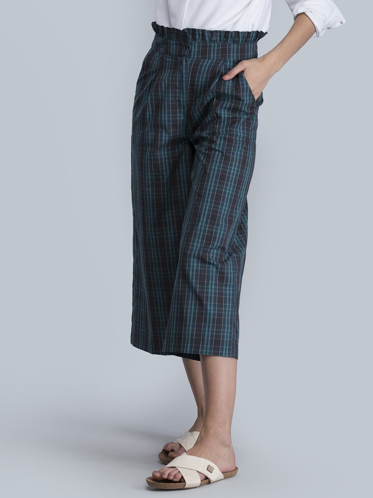 Check Paperbag Waist Pants - Blue and Green