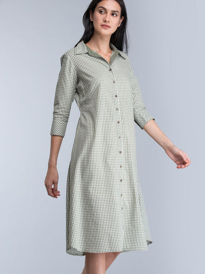 Collared Check Shirt Dress - Olive Green