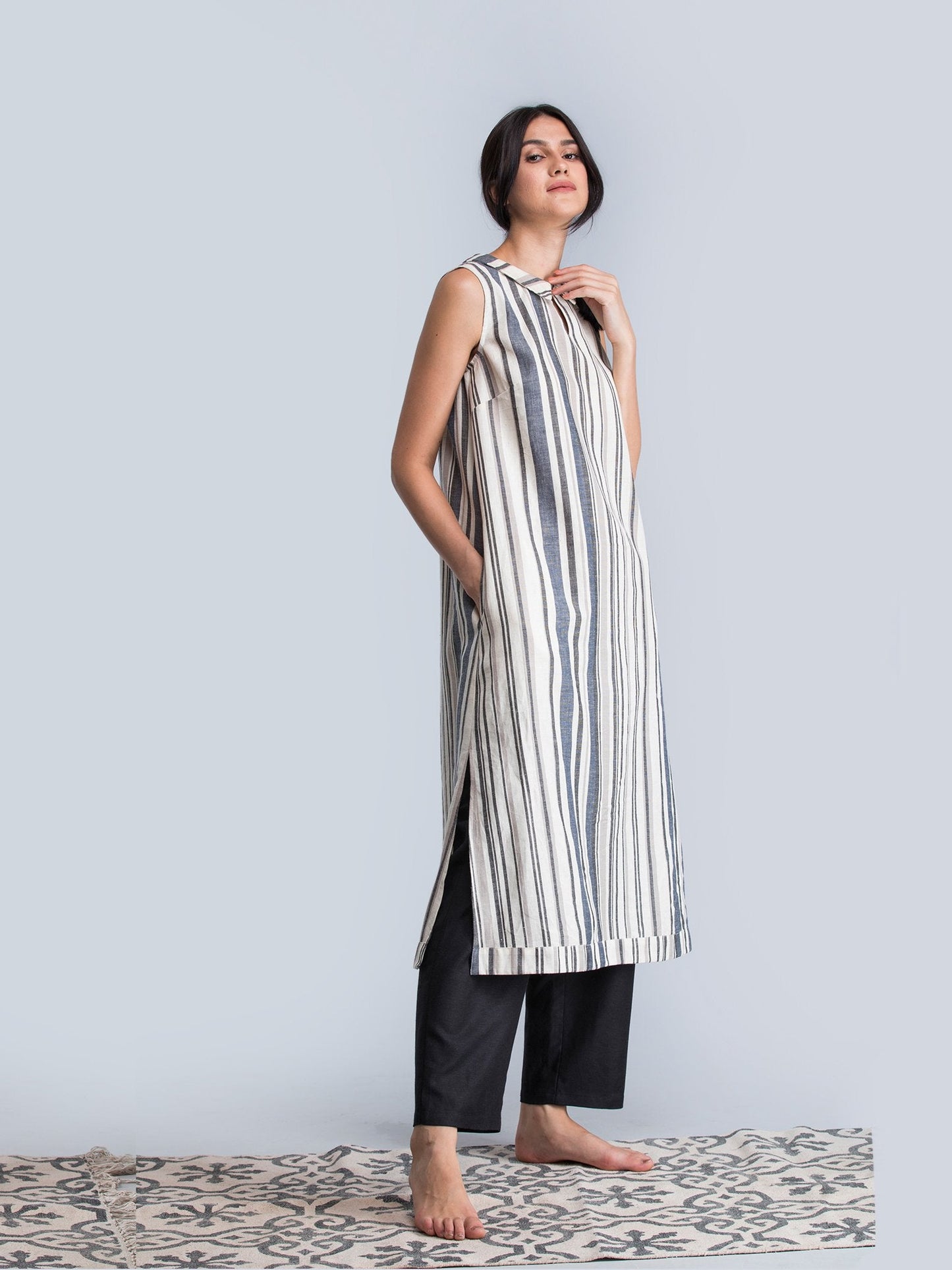 Cotton Striped Shift Dress - Black and White