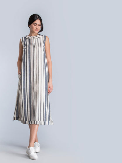 Cotton Striped Shift Dress - Black and White