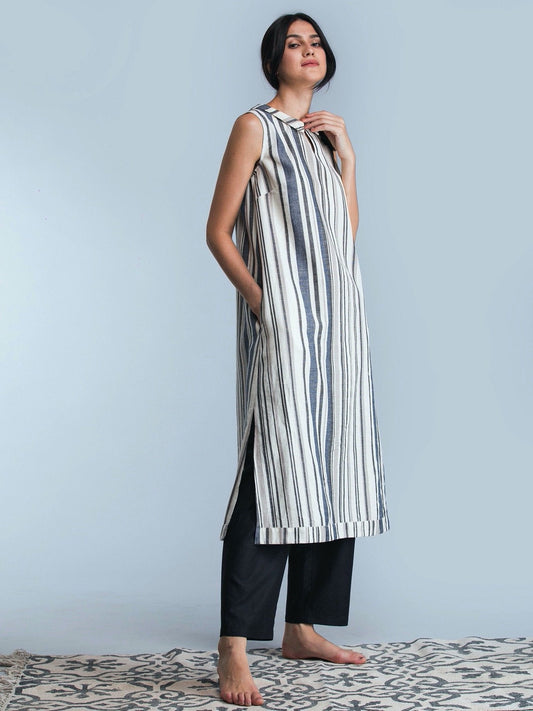 Cotton Striped Shift Dress - Black and White