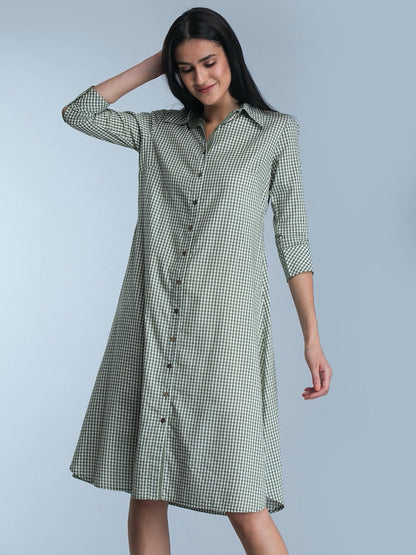 Collared Check Shirt Dress - Olive Green
