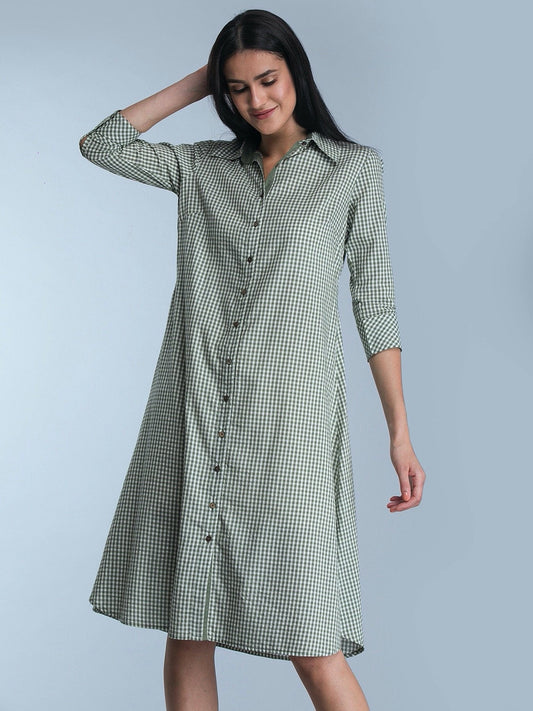Collared Check Shirt Dress - Olive Green