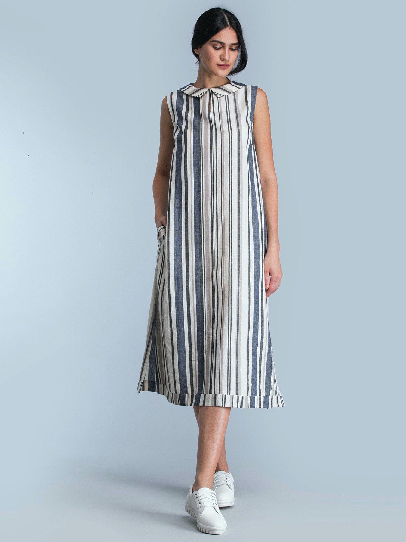 Cotton Striped Shift Dress - Black and White