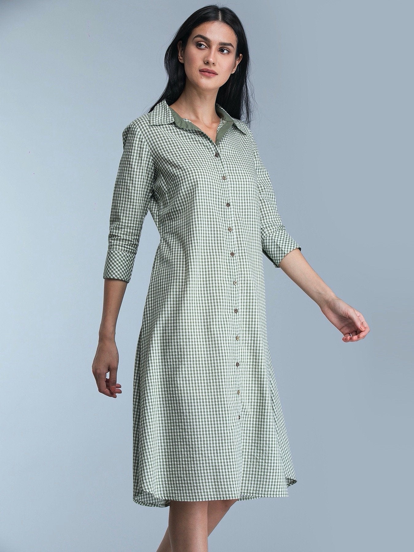 Collared Check Shirt Dress - Olive Green