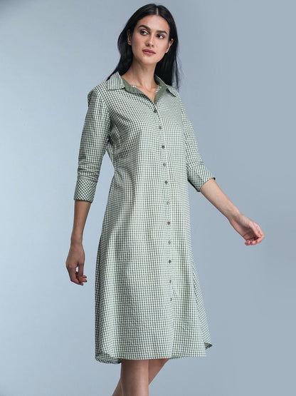 Collared Check Shirt Dress - Olive Green