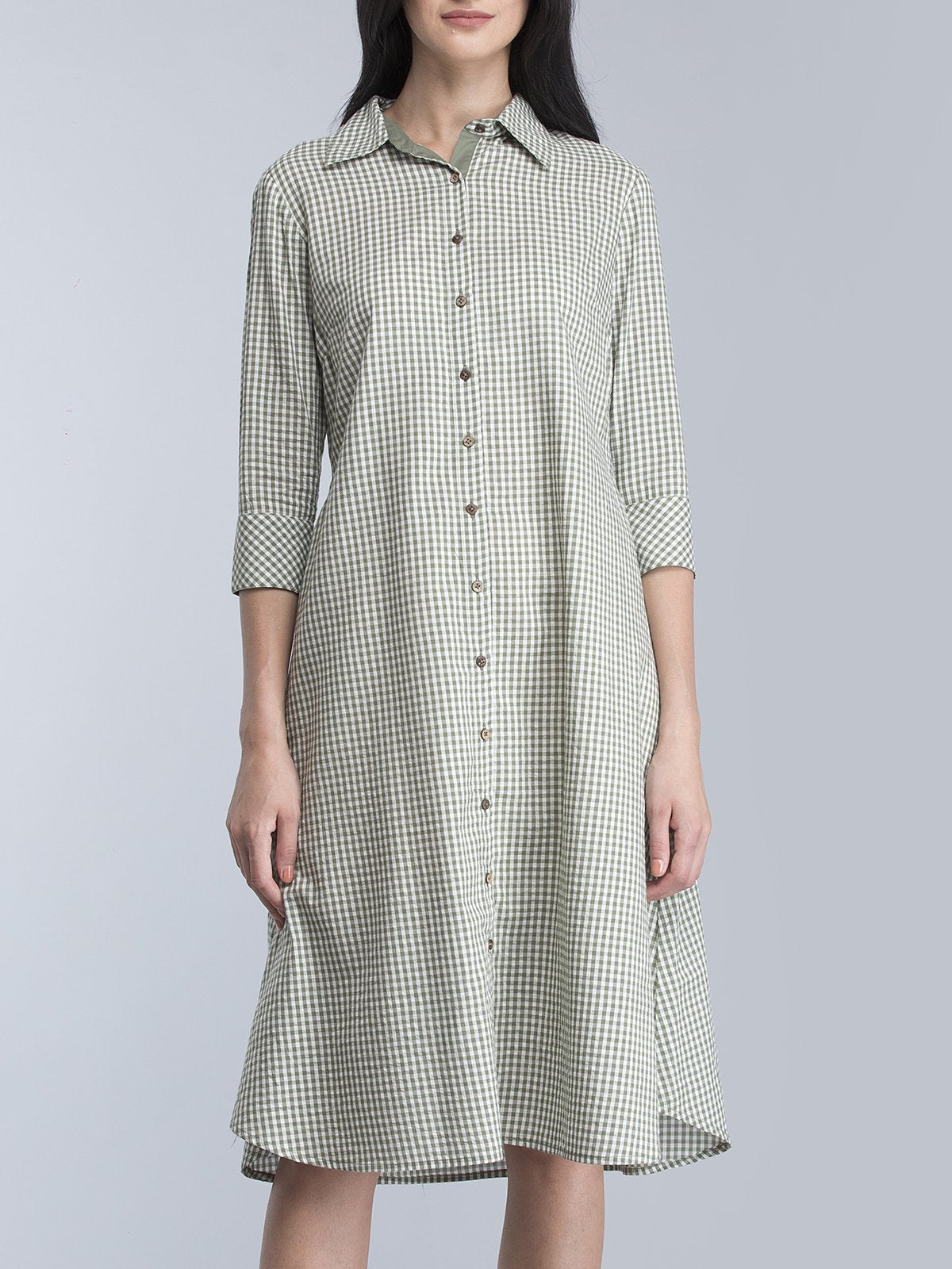 Collared Check Shirt Dress - Olive Green