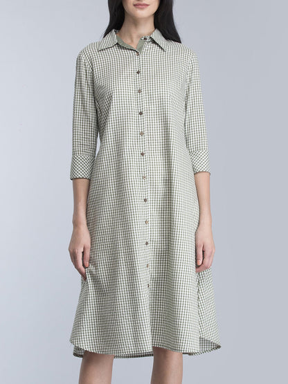 Collared Check Shirt Dress - Olive Green