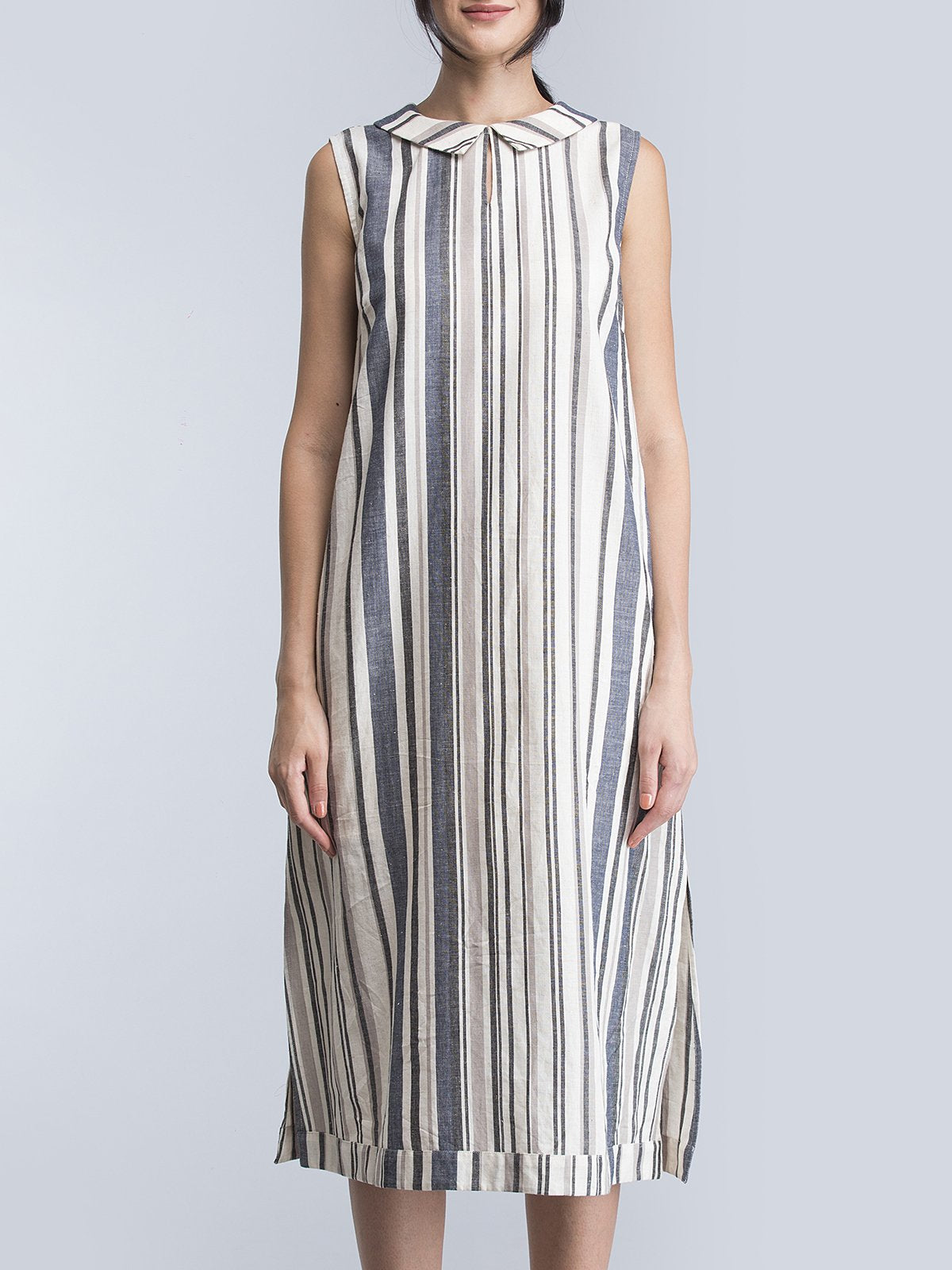 Cotton Striped Shift Dress - Black and White