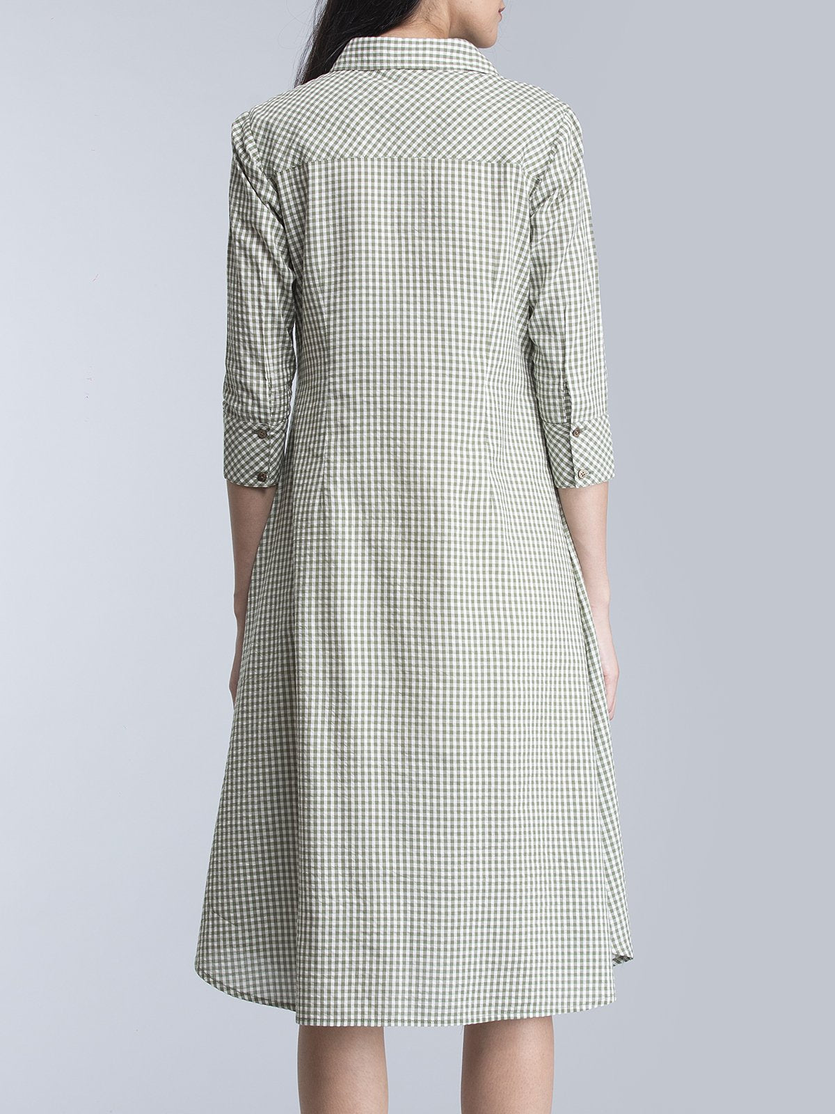 Collared Check Shirt Dress - Olive Green
