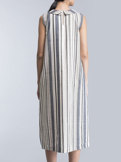 Cotton Striped Shift Dress - Black and White