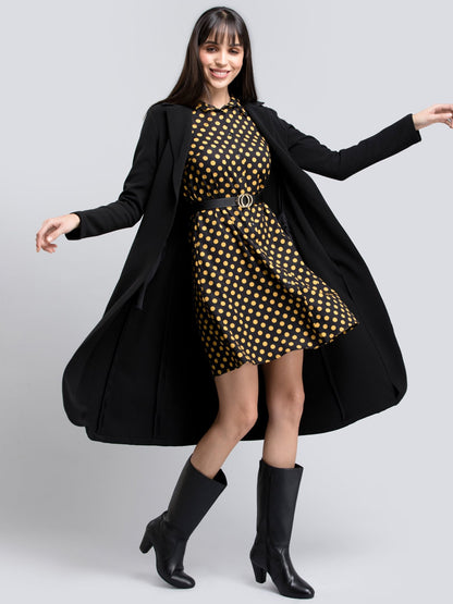 Collared Polka Dot Shirt Dress - Black and Yellow