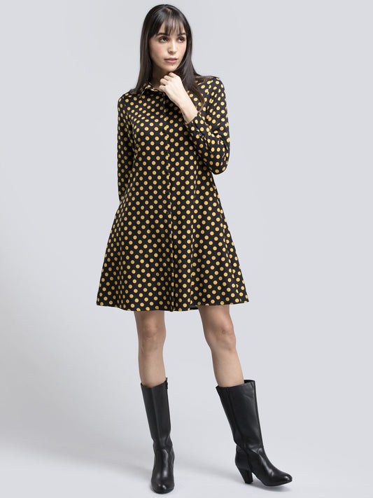 Collared Polka Dot Shirt Dress - Black and Yellow