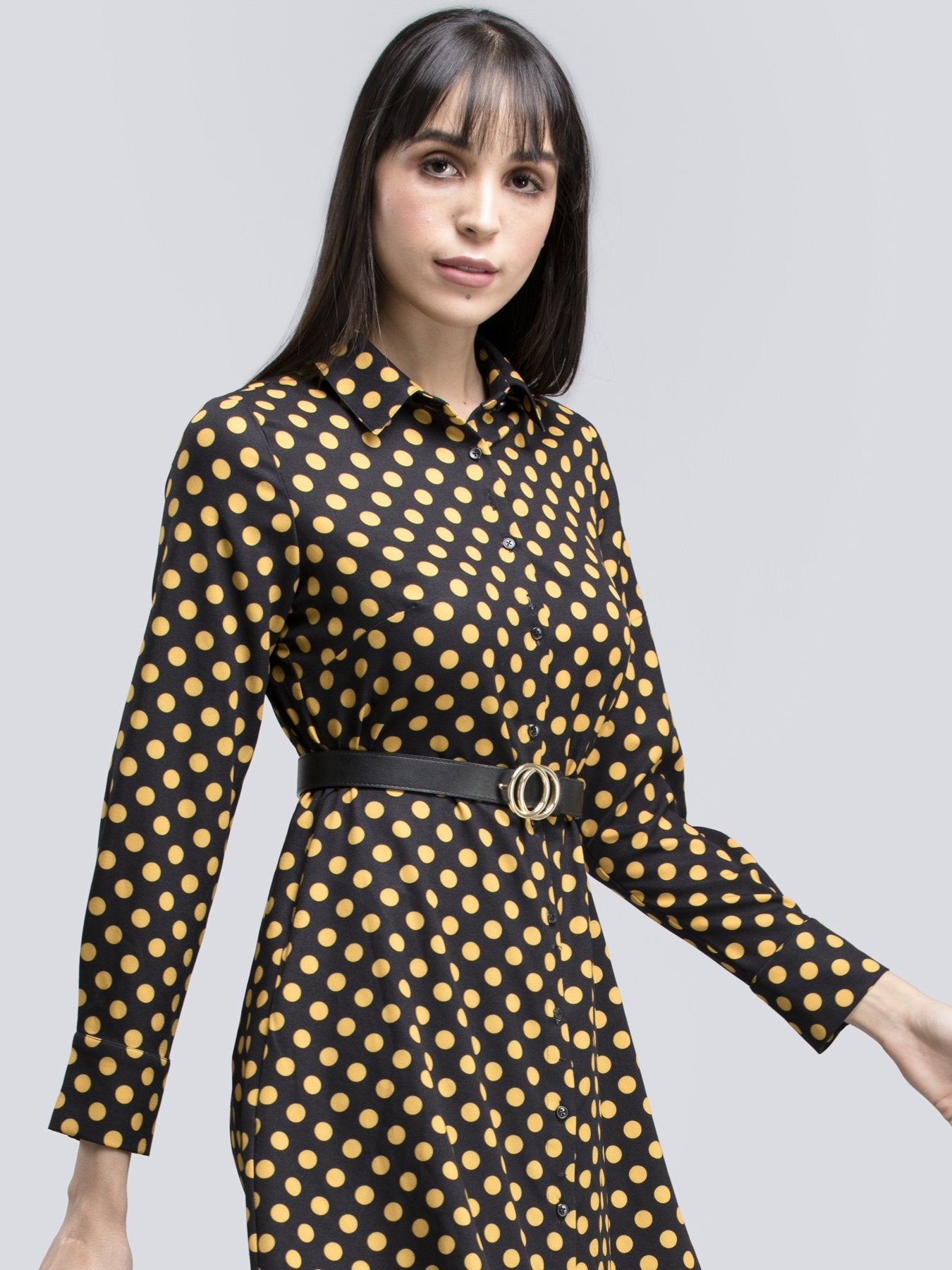 Collared Polka Dot Shirt Dress - Black and Yellow