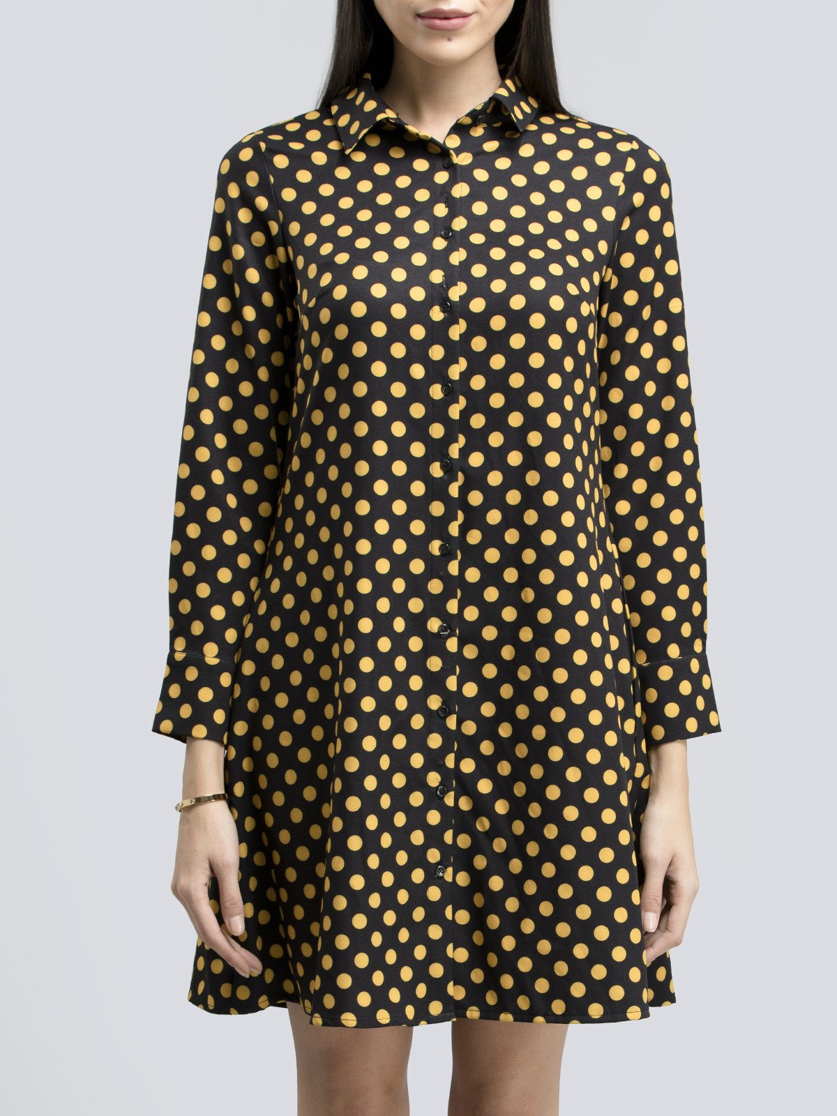 Collared Polka Dot Shirt Dress - Black and Yellow