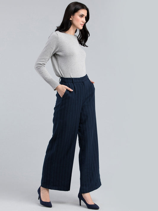 Cotton Wide Legged Striped Pants - Navy