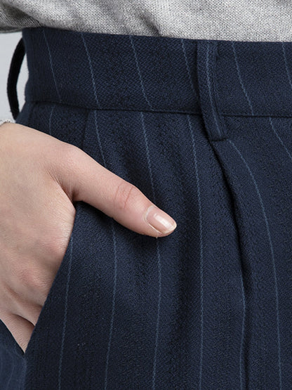 Cotton Wide Legged Striped Pants - Navy