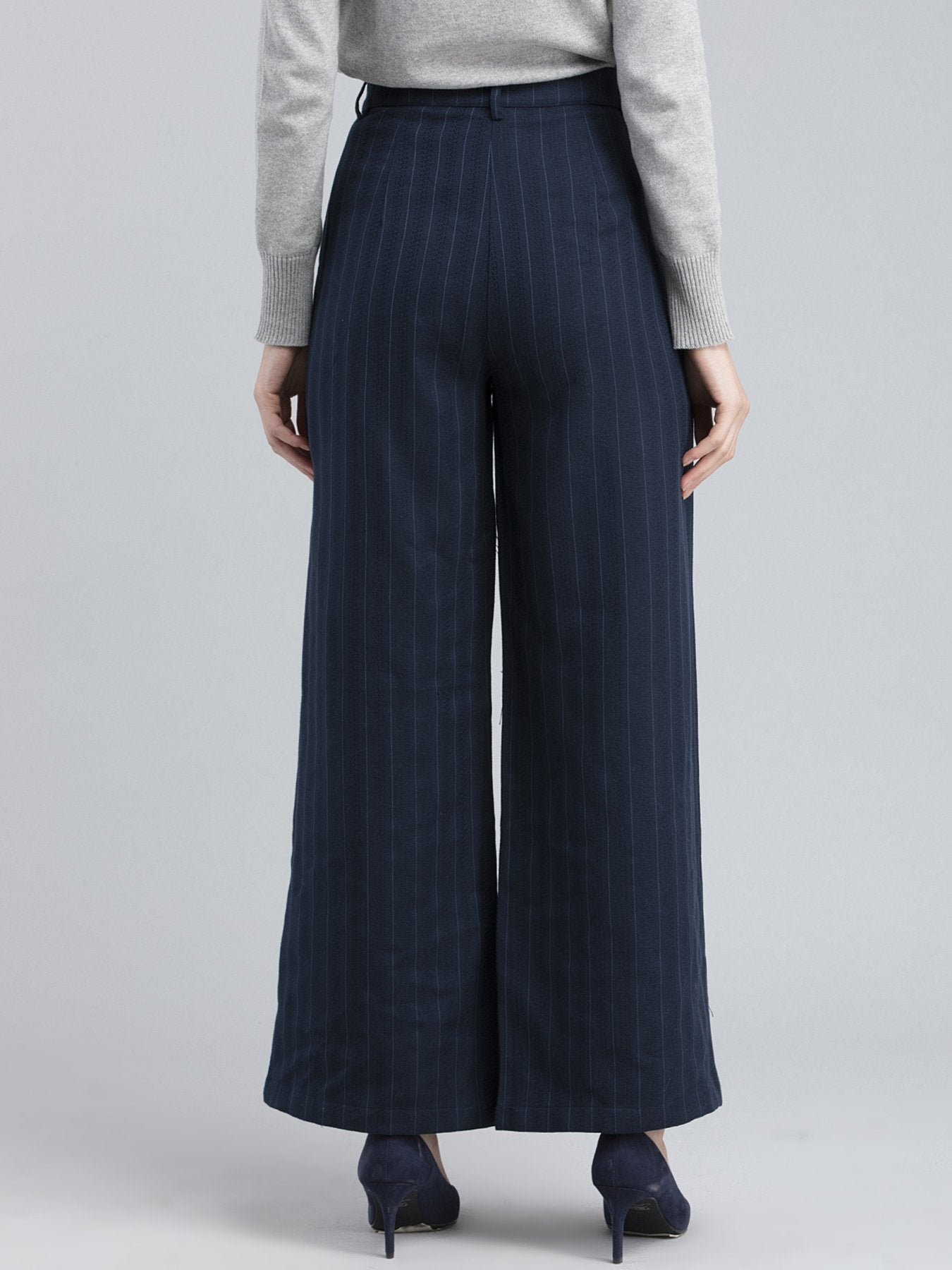 Cotton Wide Legged Striped Pants - Navy
