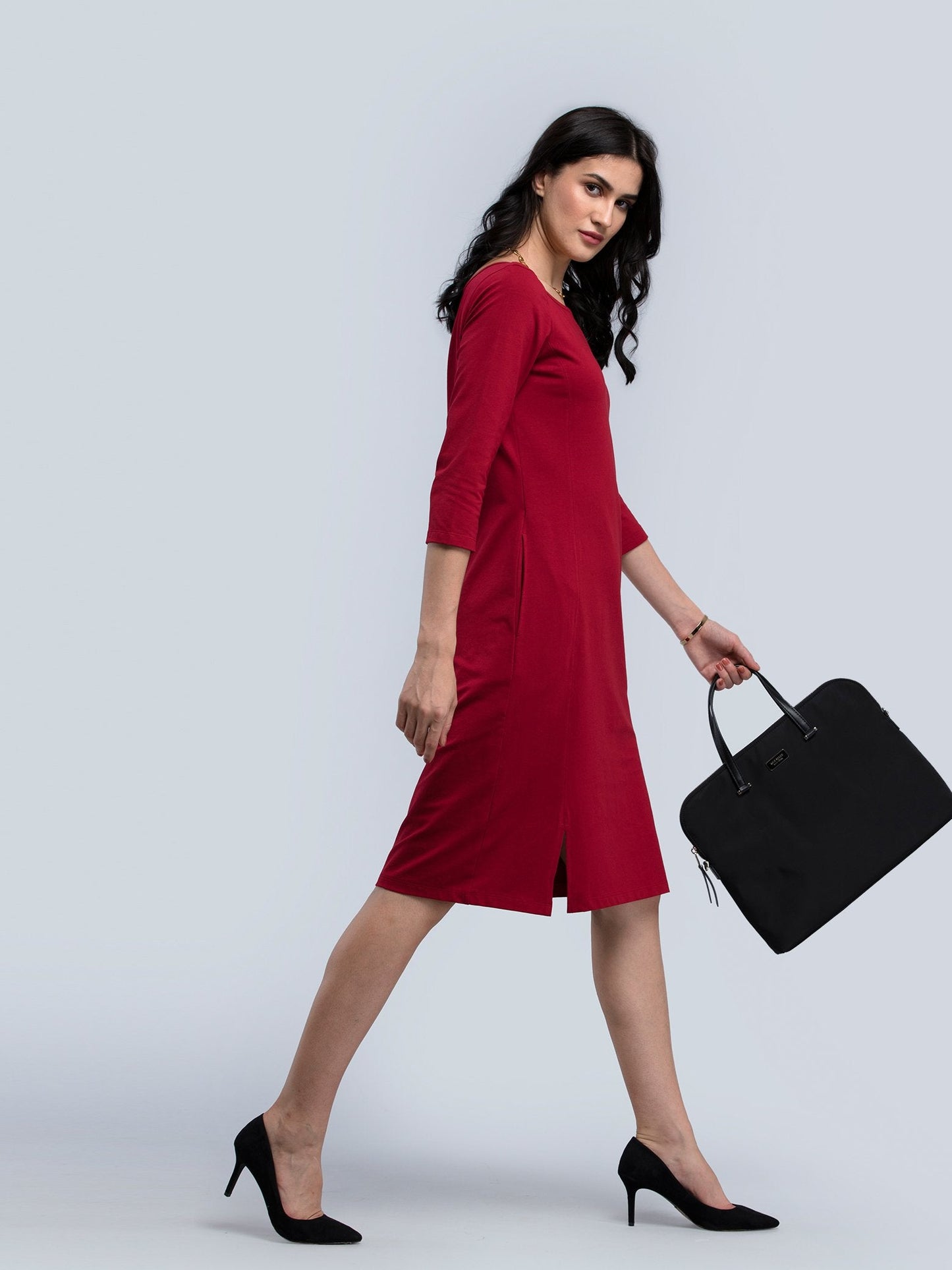 Cotton Boat Neck Knitted A Line Dress - Maroon