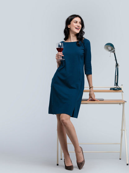 Cotton Boat Neck Knitted A Line Dress - Blue