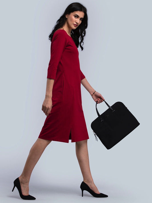 Cotton Boat Neck Knitted A Line Dress - Maroon
