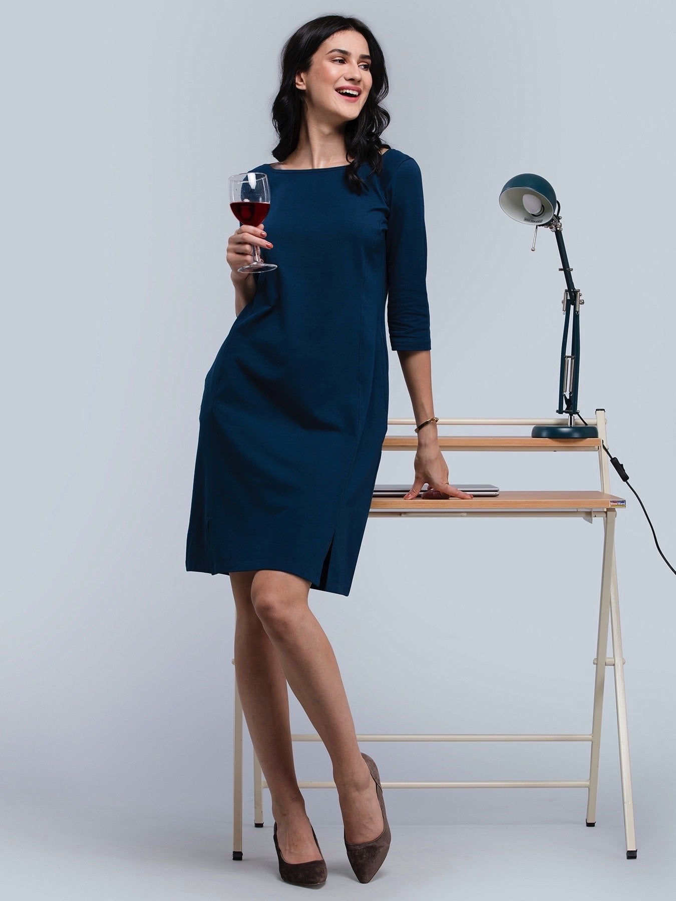 Cotton Boat Neck Knitted A Line Dress - Blue