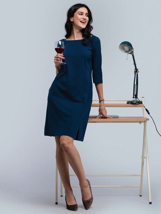 Cotton Boat Neck Knitted A Line Dress - Blue