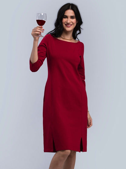 Cotton Boat Neck Knitted A Line Dress - Maroon