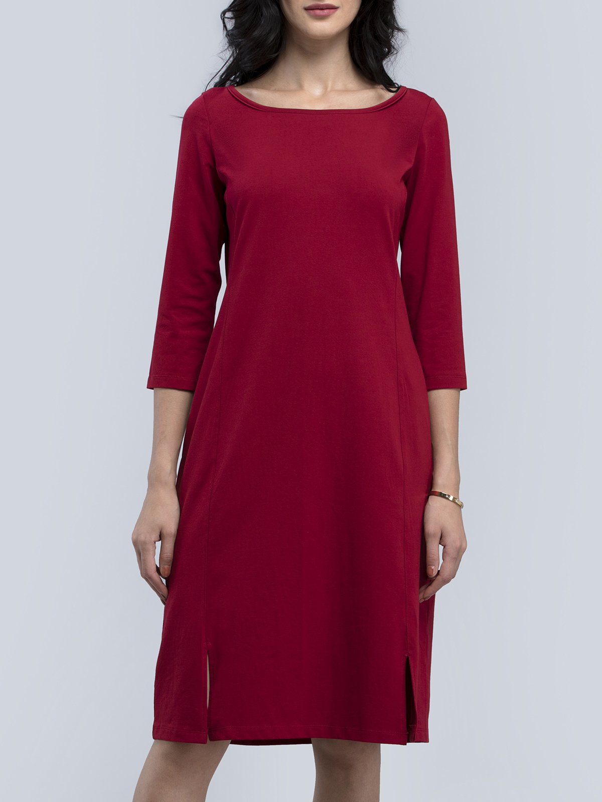 Cotton Boat Neck Knitted A Line Dress - Maroon