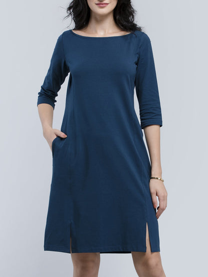 Cotton Boat Neck Knitted A Line Dress - Blue