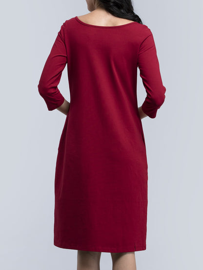 Cotton Boat Neck Knitted A Line Dress - Maroon