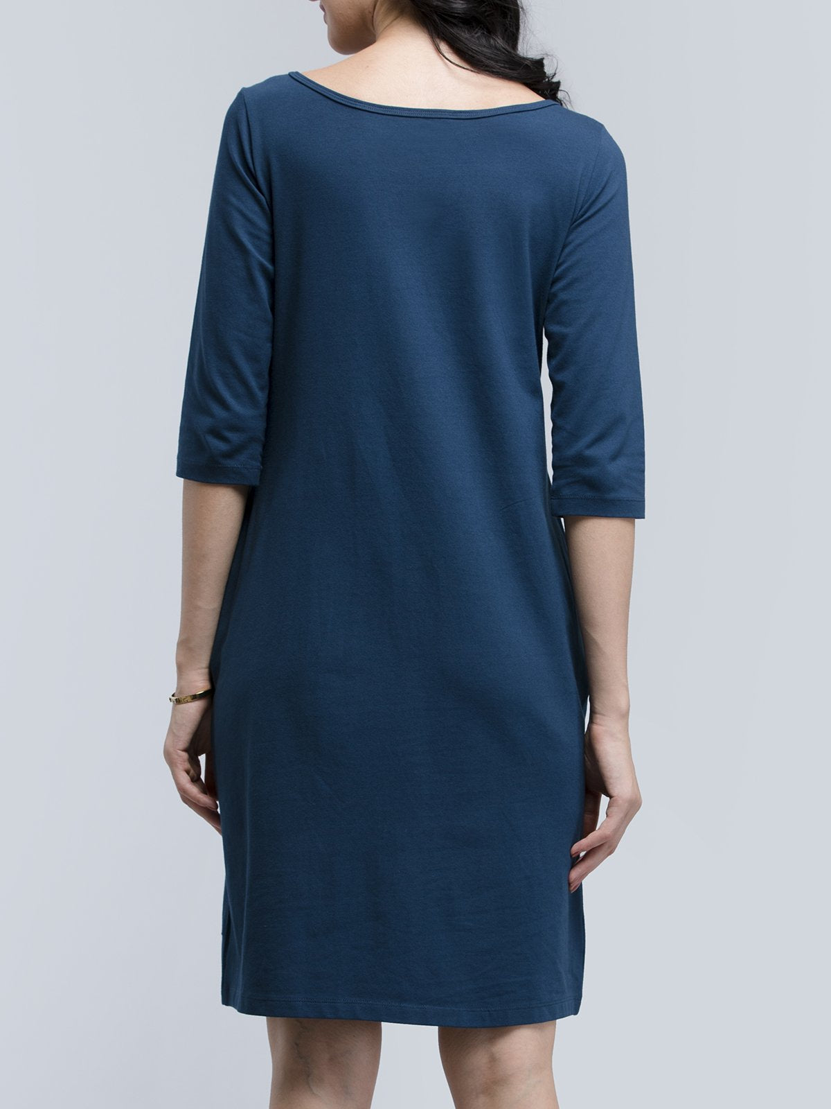 Cotton Boat Neck Knitted A Line Dress - Blue