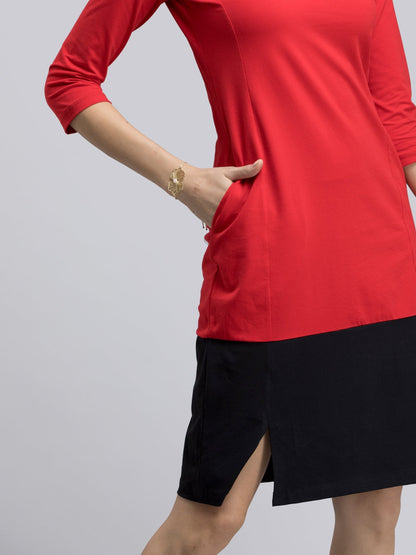 Cotton Colour Block Knitted Shift Dress - Red and Black