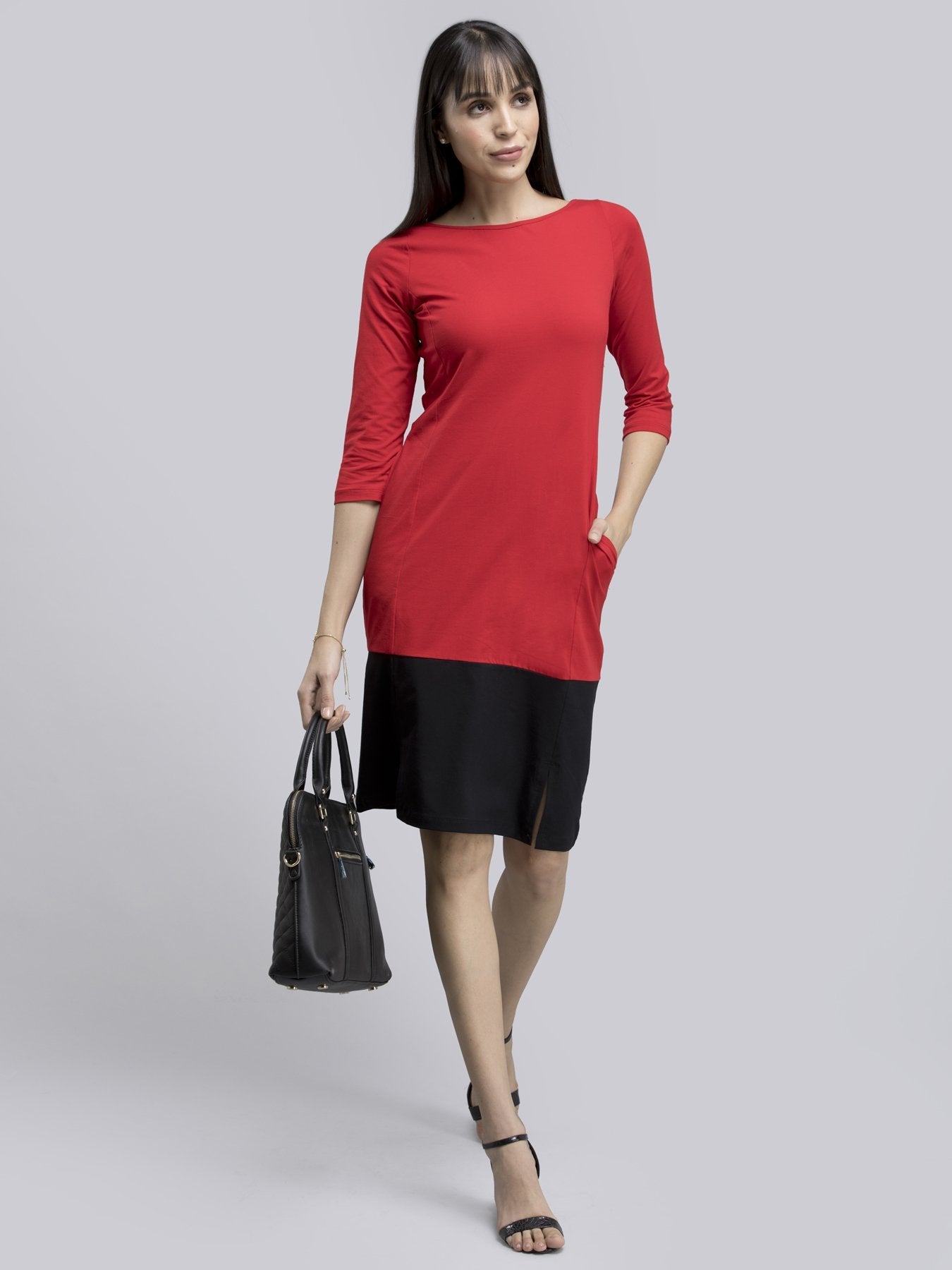 Cotton Colour Block Knitted Shift Dress - Red and Black