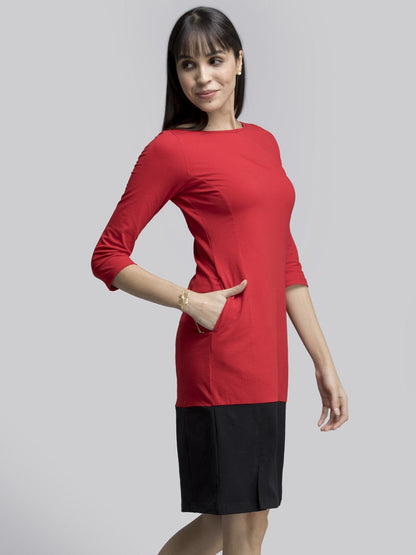 Cotton Colour Block Knitted Shift Dress - Red and Black