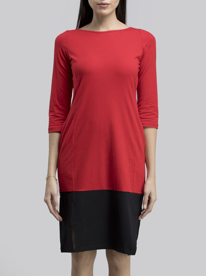 Cotton Colour Block Knitted Shift Dress - Red and Black